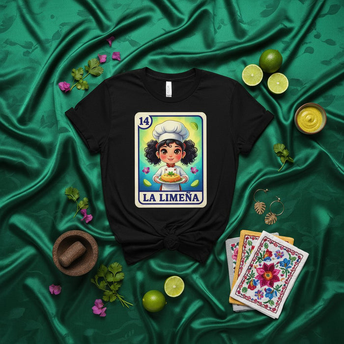LA LIMEÑA Chef Peruvian Food Loteria Card T-Shirt Unisex Graphic Tee, Cute Latinx Culture Shirt, Funny Foodie Gift, Number 14 Design