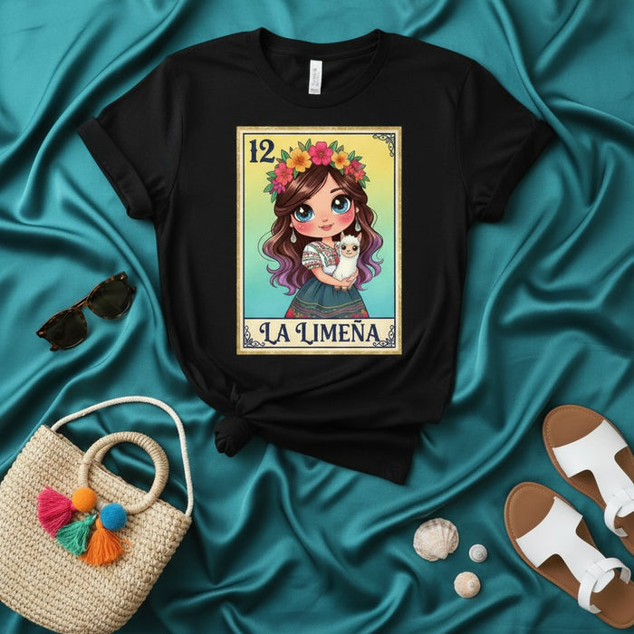 LA LIMEÑA Cute Peruvian Girl Loteria Card T-Shirt with Flower Crown and Kitty Cat, Women's Novelty Graphic Tee, Unisex Lotería Style Design, Hispanic Culture Gift