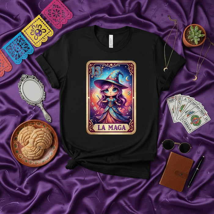 LA MAGA Cute Chibi Witch Tarot Card Loteria Shirt, Unisex Halloween Mystical Goth T-Shirt, Celestial Purple Hair Magician Tee, Dark Aesthetic Occult Gift Idea