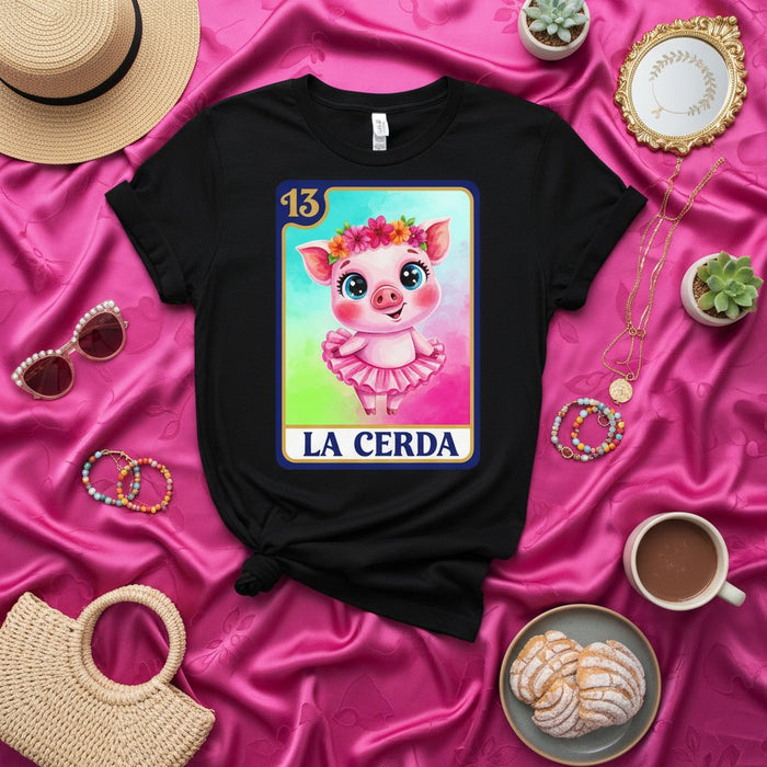 LA CERDA Loteria Card T-Shirt, Cute Pig in a Tutu Design, Number 13 Mexican Bingo Game, Traditional Culture Gift Tee, Unisex Graphic Apparel