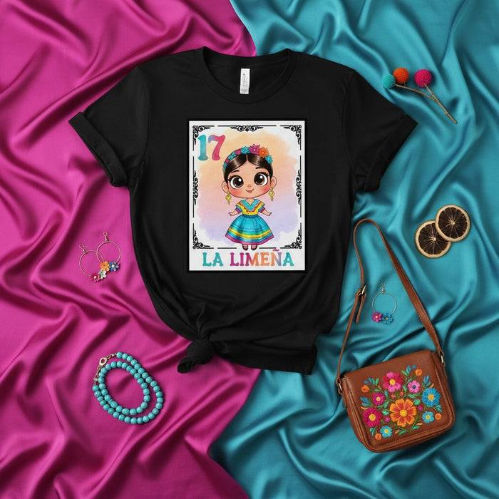 LA LIMENA Cute Kawaii Peruvian Girl Loteria Card Style T-Shirt, Mexican Bingo Game Inspired Graphic Tee, Number 17 Peru Lima Culture Folkloric Dress Unisex Shirt