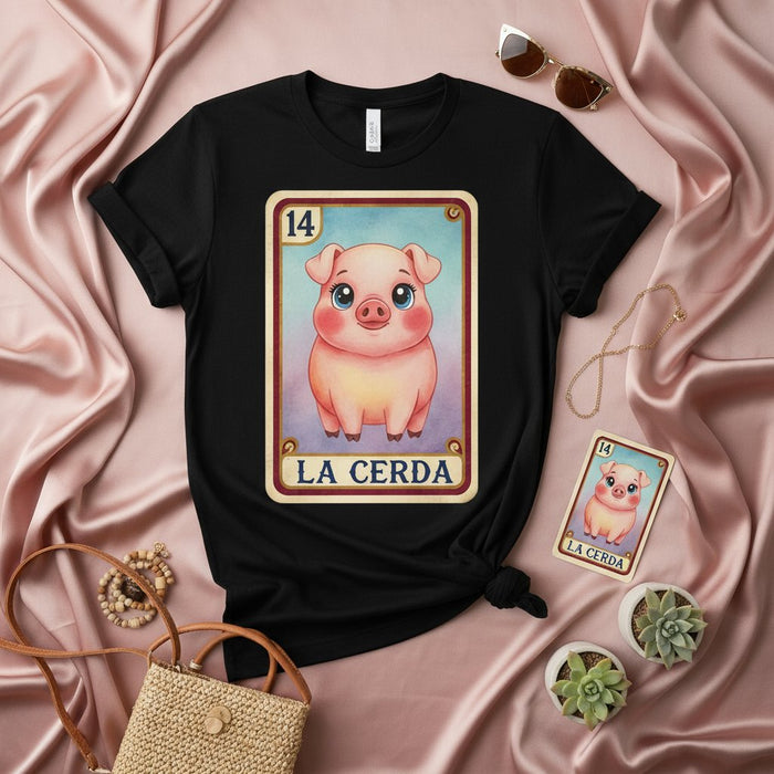 LA CERDA Loteria Card T-Shirt Cute Pink Pig Design Unisex Graphic Tee Mexican Bingo Game Day Apparel  **236 characters**