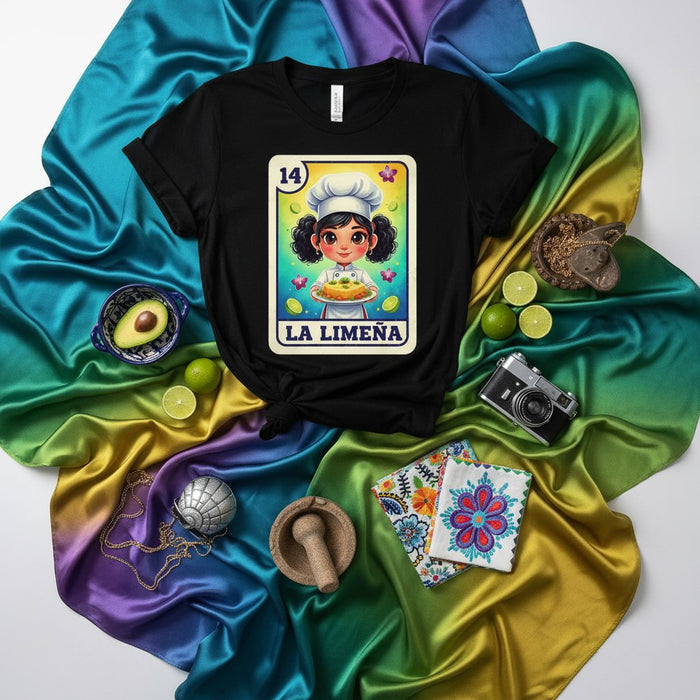 LA LIMEÑA Chef Latina Lotería Card T-Shirt Unisex Mexican Bingo Game Design Cute Girl Cooking Tee Gift for Foodies and Latin Culture Lovers