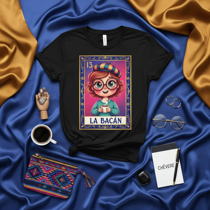 LA BACÁN Loteria Card T-Shirt Cute Freckled Girl with Beret Glasses Coffee Mug Number 13 Mexican Bingo Game Folk Art Style Unisex Graphic Tee
