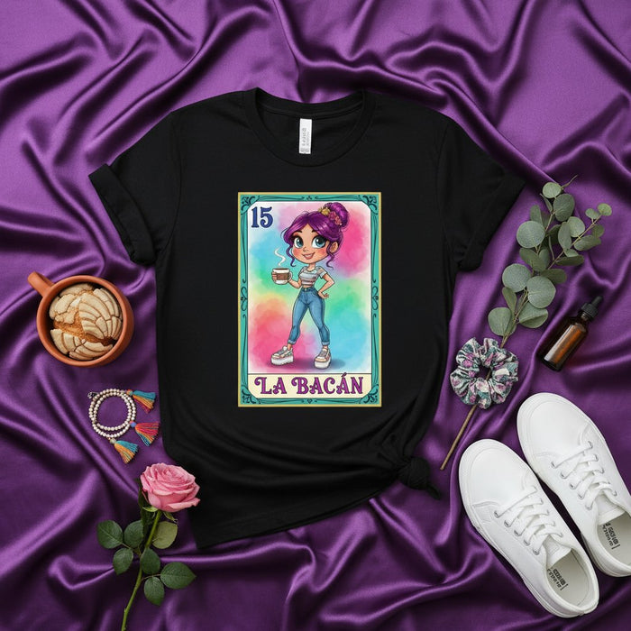 LA BACÁN Modern Loteria Card T-Shirt, Cute Latina Girl with Coffee Graphic Tee, Mexican Bingo Inspired Unisex Shirt, Colorful Fun Unique Gift Idea