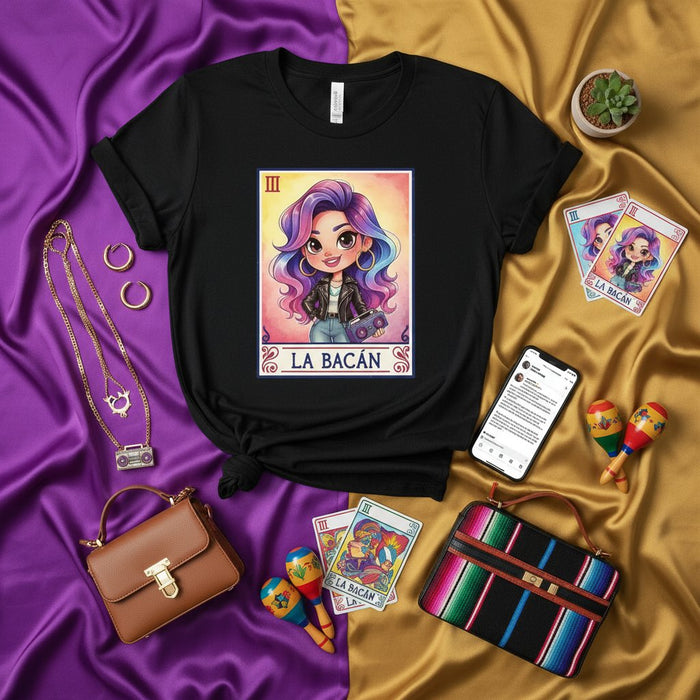 LA BACÁN Trendy Latina Lotería Card Graphic T-Shirt for Women, Aesthetic Chibi Style Art Tee, Purple and Blue Hair Girl Urban Streetwear Fashion Top, Unique Mexican Game Inspired Design Unisex Shirt