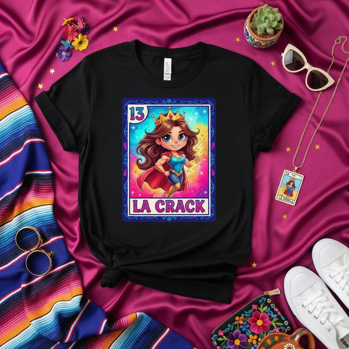 LA CRACK Loteria Card T-Shirt, Número 13 Queen Superwoman Design, Mexican Bingo Game Apparel, Unisex Graphic Tee Gift for Her