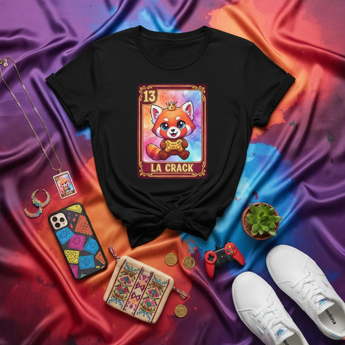 LA CRACK Cute Red Panda Lotería Card Number 13 Unisex T-Shirt - Kawaii Animal Mascot Graphic Tee with Gold Crown and Bone