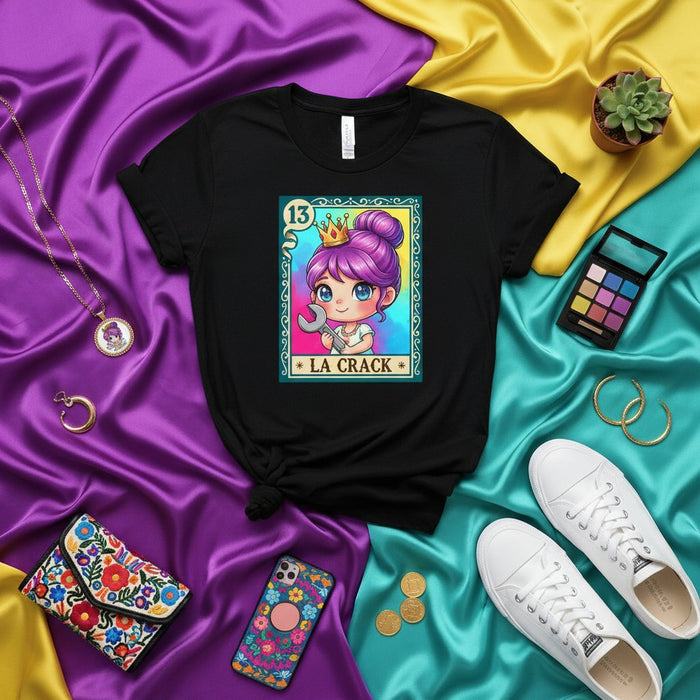 LA CRACK Cute Kawaii Girl Mechanic Loteria Card Design Unisex T-Shirt - Number 13 Latina Gift Tee for Engineers and Tech Apprentices