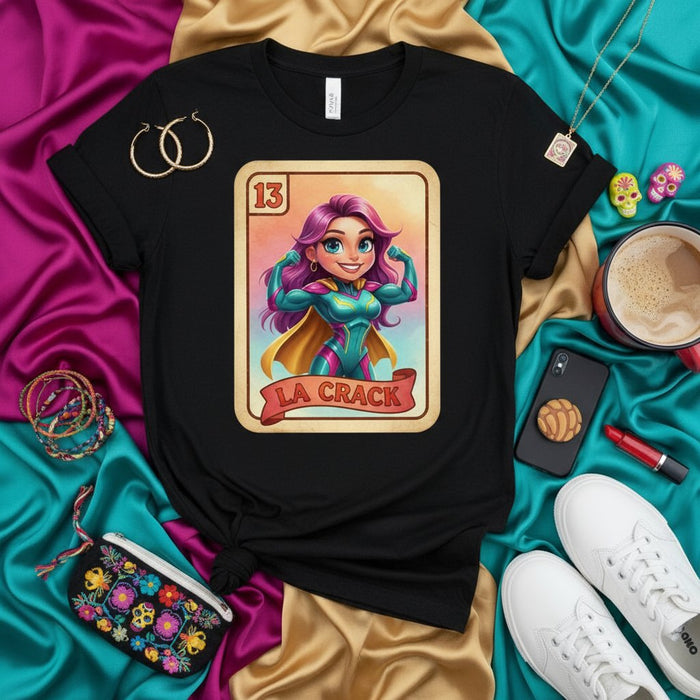 Maglietta Loteria La Crack: Design Donna Supereroe, Maglietta Grafica Ispirata al Gioco della Lotería Latina, Regalo Camicia Unisex Cultura Messicana