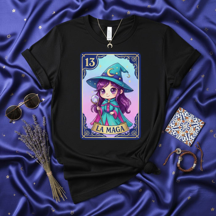LA MAGA Loteria Card T-Shirt, Cute Cartoon Witch, Number 13, Mystical Fantasy Shirt, Magical Design, Unisex Halloween Gift Tee