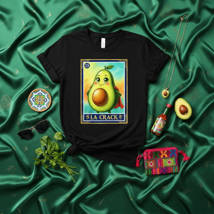 La CRACK Loteria Card T-Shirt Avocado, Simpatica Arte di Supereroi Frutta, Maglietta Grafica Stile Bingo Messicano, Regalo Divertente per Amanti del Guacamole, Abbigliamento Unisex