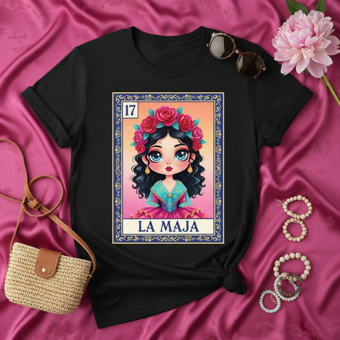 LA MAJA Mexican Loteria Card Graphic T-Shirt | Number 17 Beautiful Brunette Woman with Flower Crown | Cute Hispanic Style Design Unisex Tee | Día de Muertos Halloween Costume Idea | Unique Gift for Her