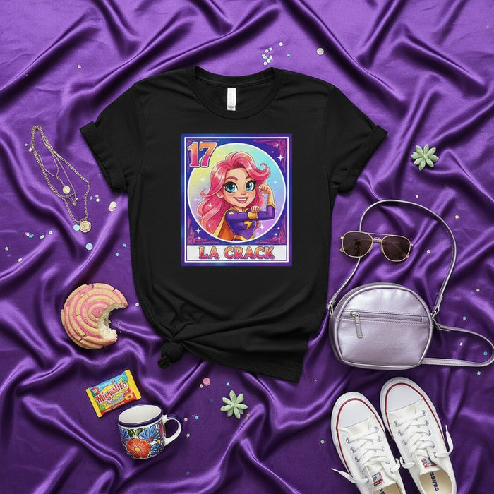 LA CRACK T-shirt grafica con carta Loteria messicana, design Supereroina ragazza, simpatica donna dai capelli rosa La Lotería moderna ispirata, Maglietta unisex numero 17 El Crack, Regalo