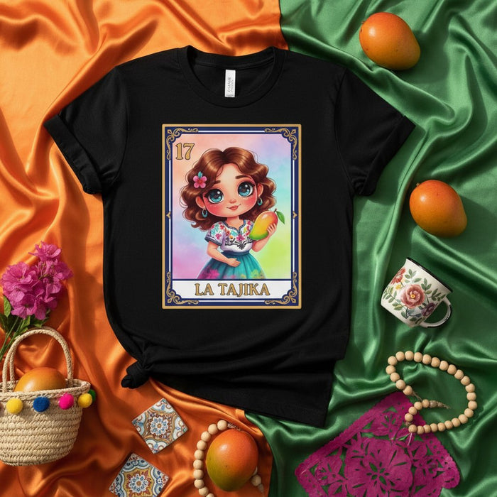 Ragazza Tajika carina con maglietta grafica carta Loteria Mango unisex nera maglia ispirata al bingo messicano regalo artistico