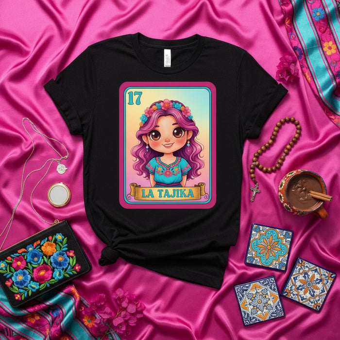 La T-Shirt Carta Lotteria LA TAJIKA con Ragazza Cartoon Carina e Corona Floreale Maglietta Gioco Bingo Messicano