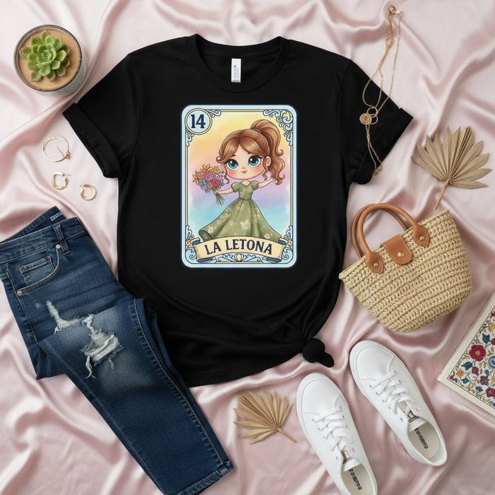 LA LETONA Maglietta con motivo Lotería Ragazza Chibi Carina con Fiori, Maglietta Grafica a Tema Gioco del Bingo Messicano, Idea Regalo Abbigliamento Unisex per Adulti