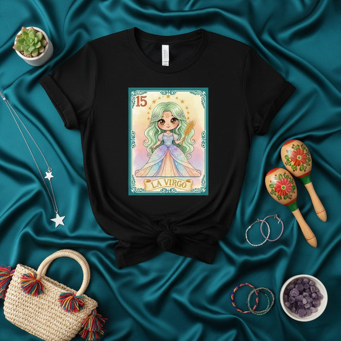 LA VIRGO Zodiac Sign T-Shirt, Cute La Lotería Card 15 Graphic Tee, Mexican Bingo Inspired Horoscope Birthday Gift, Magical Pastel Mint Green Hair Celestial Shirt