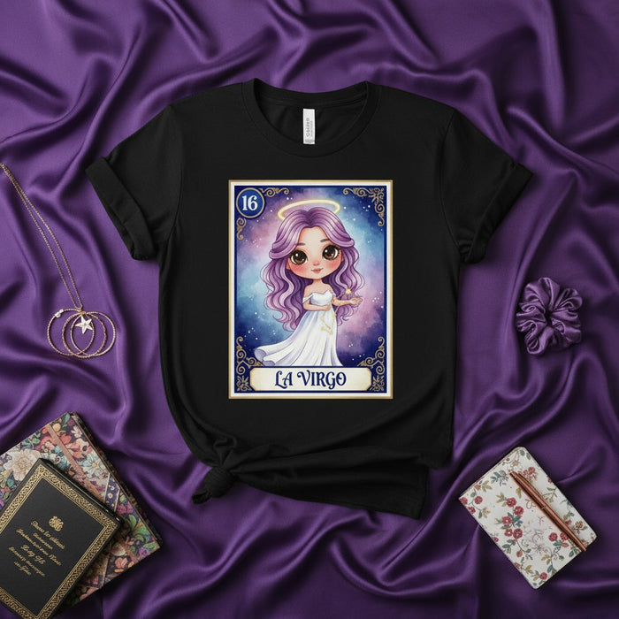 La Virgo Number 16 Loteria Card T-Shirt, Cute Astrology Zodiac Sign Tee, Latina Hispanic Bingo Game Art Top, Celestial Galaxy Purple Hair Gift