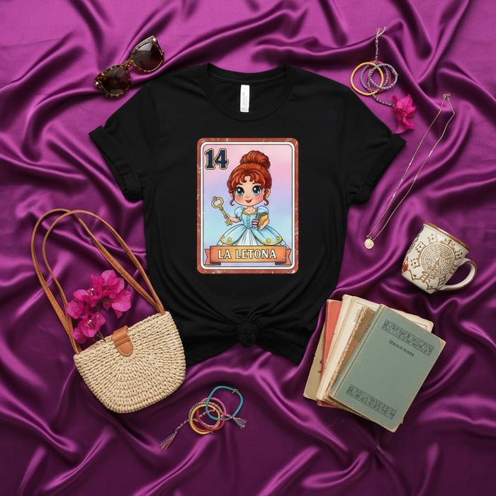 LA LETONA Carina Chibi Lotería Carta 14 Maglietta Nera Unisex Design Grafico Gioco Bingo Messicano Idea Regalo