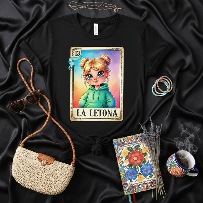 LA LETONA Loteria Card T-Shirt Cute Blonde Girl Space Buns Cartoon Art Mexican Bingo Game Graphic Tee Unisex Shirt Gift Idea
