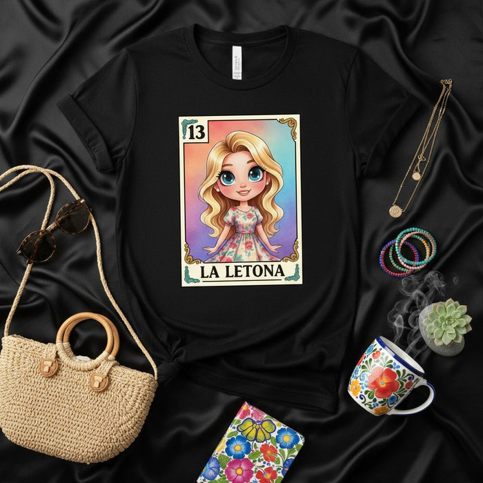 LA LETONA Loteria Card T-Shirt: Cute Cartoon Blonde Girl Graphic Tee, Mexican Bingo Inspired Design, Funny Latina Culture Shirt, Aesthetic Floral Pattern, Unisex Gift Idea