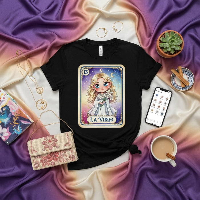 LA VIRGO Carina Kawaii Lotería Carta 13 Zodiaco Astrologia Oroscopo Maglietta Grafica Unisex - Idea Regalo di Compleanno Celeste per Donne e Ragazze