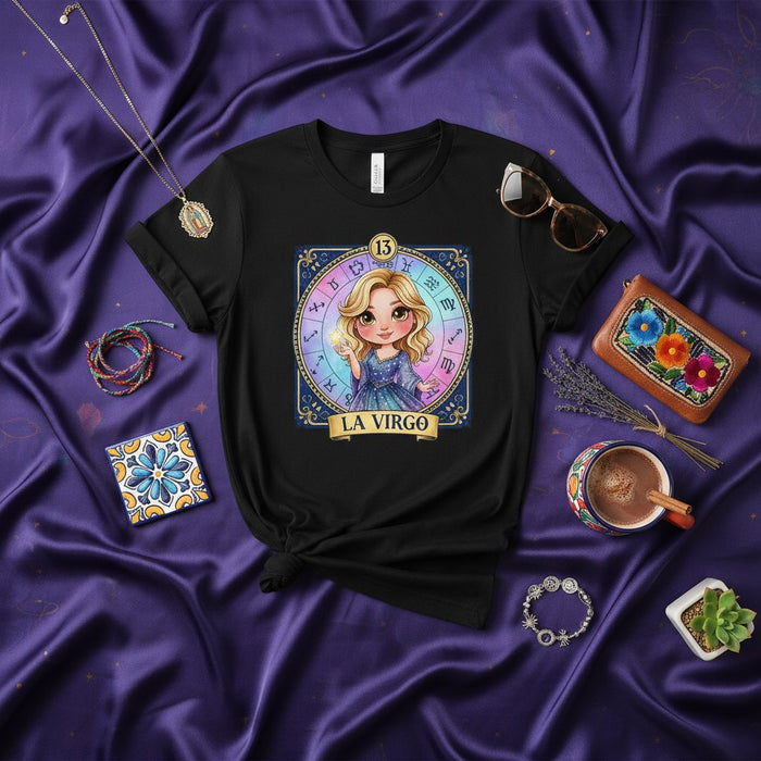 LA VIRGO Loteria Card T-Shirt, Cute Astrology Zodiac Sign Tee, Latina Tarot Style Graphic Shirt, Horoscope Gift for Women, Lucky Number 13, Mystical Celestial Design Top, Birthday Present Idea