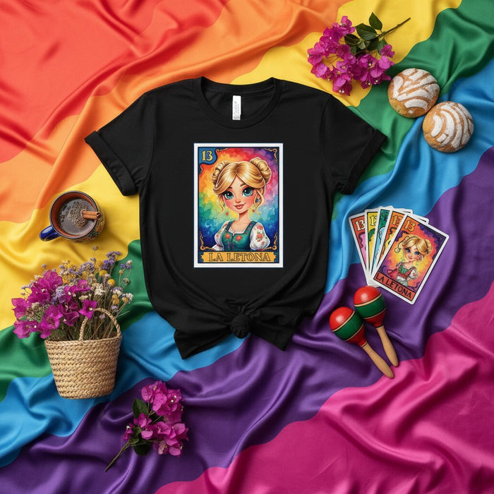 Maglietta Letona Rainbow Pride con carta Loteria Personaggio cartone animato latino Donna bionda carina Gioco di bingo messicano Regalo LGBT