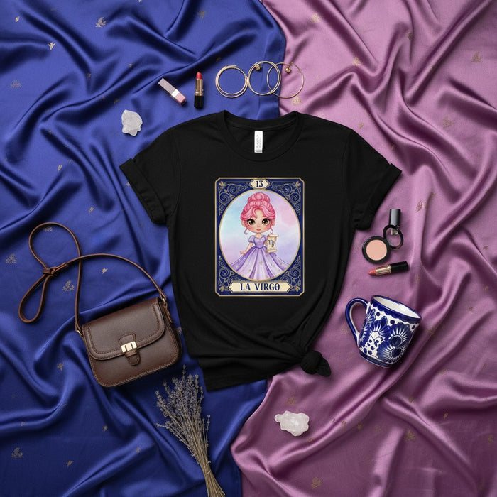 LA VIRGO T-Shirt Carta Lotteria Carina Rosa Pastello Capelli Vergine Segno Zodiacale Ispirata ai Tarocchi Maglia Celestiale Regalo Astrologico per Donna Uomo Maglietta Nera