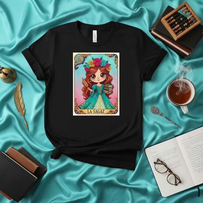 LA SAGAZ Loteria Card T-Shirt Cute Chibi Girl with Books and Floral Crown Design Unisex Black Graphic Tee for Readers and Hispanic Culture Fans
