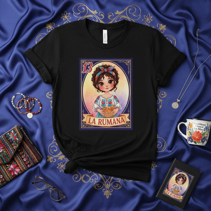 La Rumana Maglietta Carta Lotteria, T-Shirt Stampa Artistica Ragazza Romana, Top Grafico Stile Bingo Messicano, Moda Folclore Boema Numero 13, Regalo Unisex per Lei