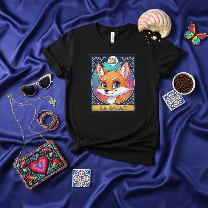 La Sagaz Loteria Card T-Shirt Cute Fox Graphic Tee Unisex Mexican Bingo Game Style Apparel Gift Idea for Him Her Friends Family, Number 13, Vibrant Artistic Design Black Shirt