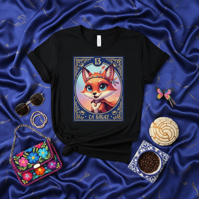 La Sagace Fox Loteria Card Maglietta, Simpatica T-shirt Grafica Kitsune, T-shirt Unisex Ispirata al Bingo Messicano Numero 13