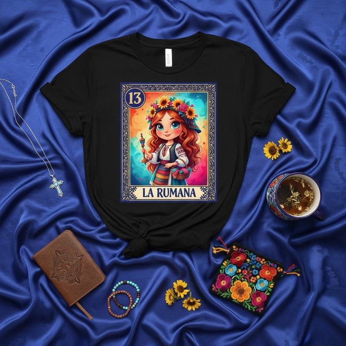 LA RUMANA Loteria Card T-Shirt, Romanian Girl Floral Crown Design, Traditional Folkloric Costume, Women's Cute Graphic Tee, Boho Flower Festival Shirt, Number 13 Mexican Bingo Game Gift