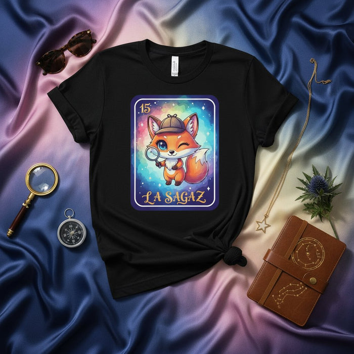 La Sagaz Cute Fox Detective Loteria Card T-Shirt, Unisex Graphic Tee, Number 15 Bingo Game Card Shirt Gift