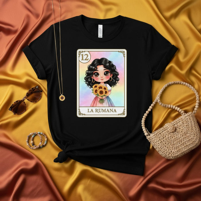 Maglietta con Carta Lotteria LA RUMANA, Maglia Unisex con Simpatico Disegno Girasole Arcobaleno Ragazza Romani, Ispirata al Gioco Mexican Bingo, Regalo Numero 12