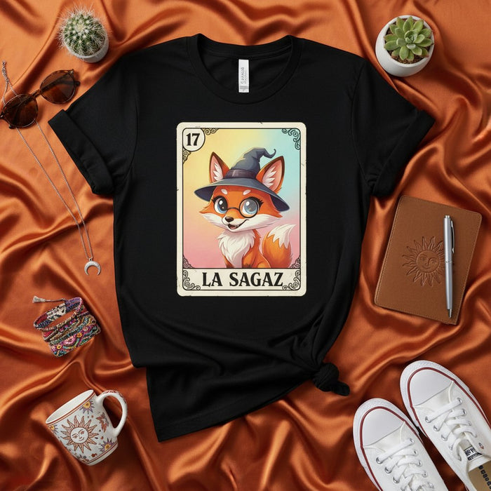 LA SAGAZ Fox Witch Loteria Card T-Shirt Cute Cartoon Animal Graphic Tee Unisex Halloween Costume Shirt Number 17 Black Shirt Design Gift Idea