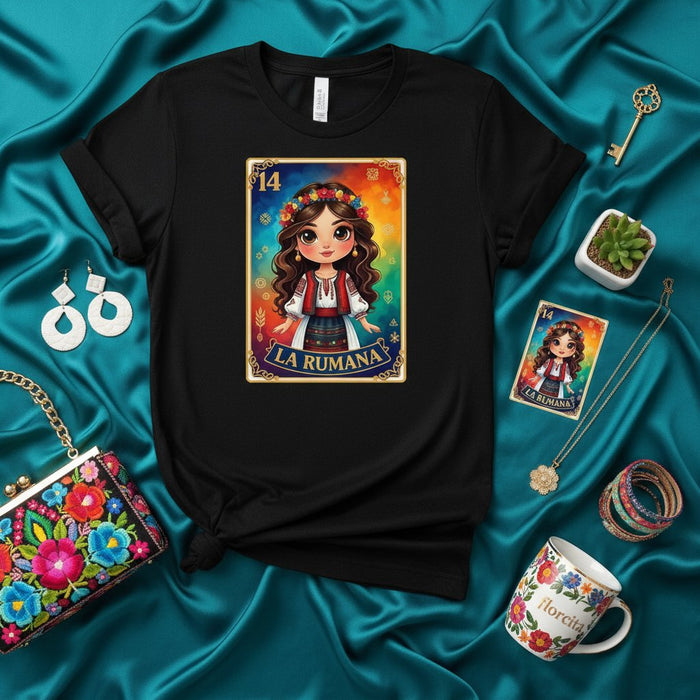 LA RUMANA Loteria Card T-Shirt, Cute Romanian Girl in Traditional Folk Costume, Floral Crown, Rainbow Background Unisex Tee Shirt Gift Idea