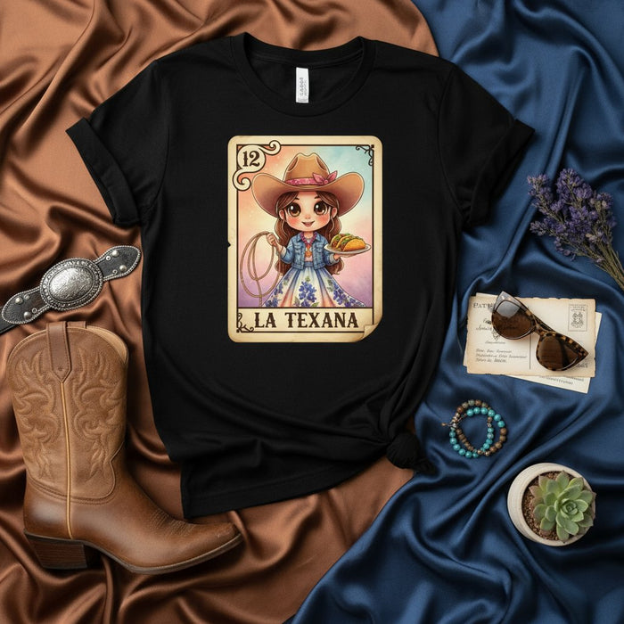 La Texana Maglietta Carta Loteria, Simpatica Cowgirl che Tiene Taco e Cappio, Maglietta Grafica Stile Western, Camicia Unisex Gioco Bingo Messicano Texas, Design Numero 12 per Donne e Uomini