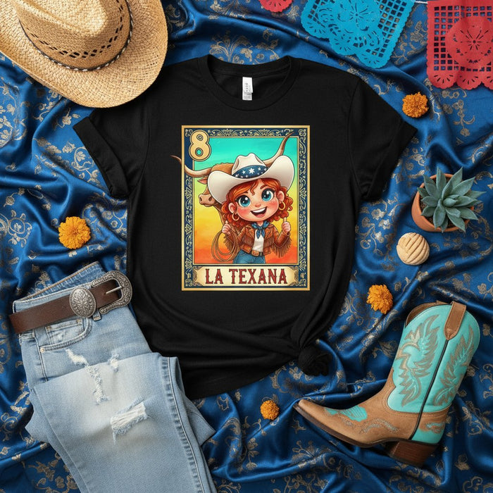 LA TEXANA Loteria Card T-Shirt: Cute Cartoon Cowgirl Graphic Tee, Western Aesthetic Top, Women's Texas Style Unisex Shirt, Rodeo Fashion
