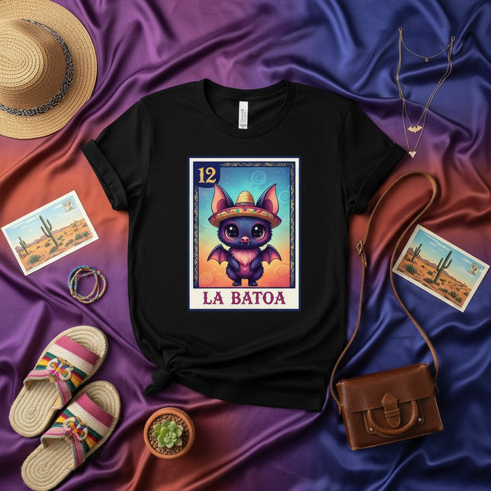 LA BATOA Cute Bat Loteria Card Unisex T-Shirt with Sombrero, Mexican Bingo Inspired Graphic Tee, Number 12 Mystical Animal Shirt, Latina Halloween Gift Top