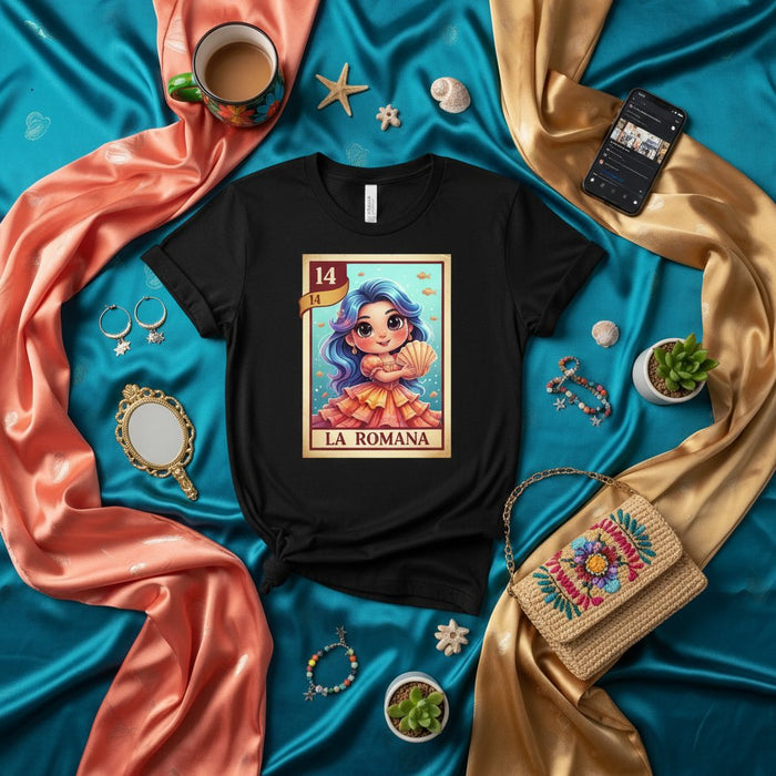 LA ROMANA Loteria Card T-Shirt, Cute Cartoon Girl with Fan, Mexican Bingo Game Inspired Unisex Tee, Number 14 Design Gift Idea