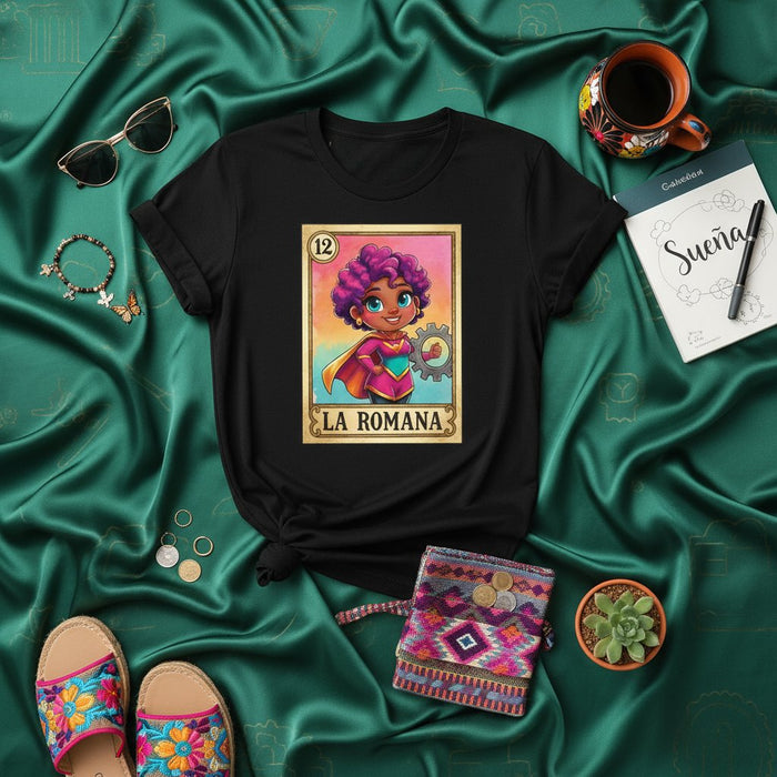 LA ROMANA Loteria Card T-Shirt, Mexican Bingo Game Super Heroine Graphic Tee, Women's Empowerment, Latina Gift, Dia de los Muertos Shirt, Unisex Apparel