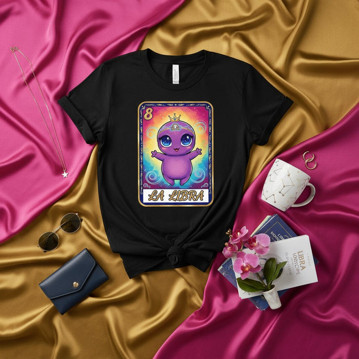 LA LIBRA Zodiac Lotería Card T-Shirt with Cute Cartoon Character Crown Astrological Sign Tee Unisex Birthday Gift