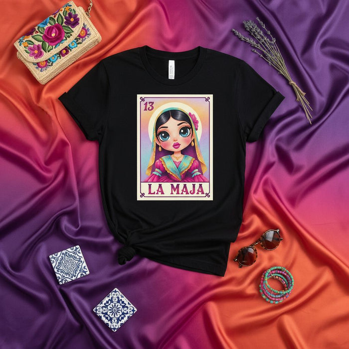 LA MAJA Cute Big Eye Doll Loteria Card T-Shirt, Mexican Bingo Game Art Tee, Traditional Latinx Culture Gift, Latina Woman Portrait Graphic Print Unisex Shirt