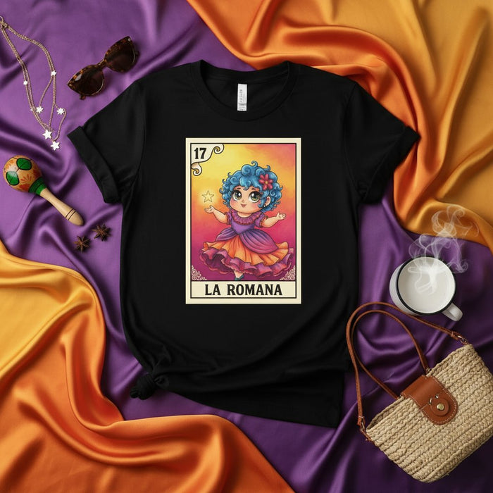 LA ROMANA Loteria Card T-Shirt Cute Chibi Girl Design Number 17 Mexican Bingo Game Tee Unisex Black Shirt Cultural Gift Idea