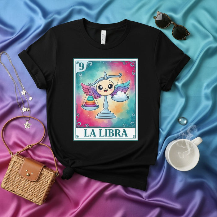 LA LIBRA Cute Kawaii Libra Zodiac Sign T-Shirt, Mexican Loteria Card Style, Scales of Justice Astrology Horoscope Tee, Unisex Birthday Gift Apparel for Balance and Harmony