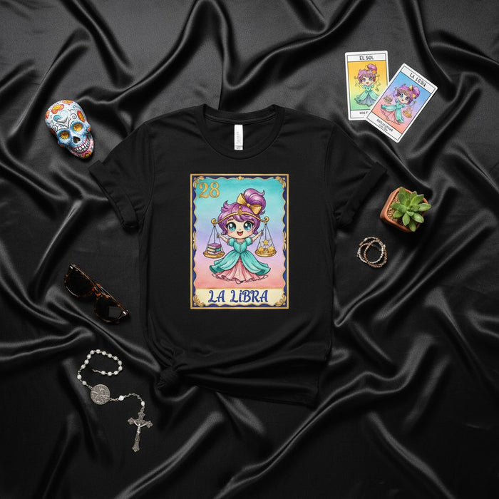 LA LIBRA Zodiac Sign Loteria Card T-Shirt Cute Kawaii Anime Graphic Tee Unisex Celestial Balance Shirt Astrology Gift for Libra Birthday Black Shirt
