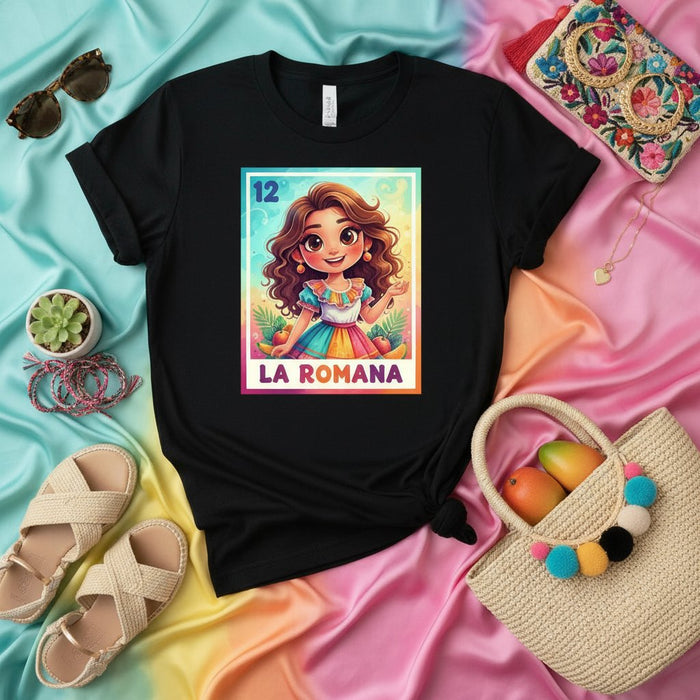 LA ROMANA Mexican Loteria Card Graphic T-Shirt | Number 12 Woman Design Tee | Unisex Short Sleeve Top | Traditional Bingo Game Art Apparel